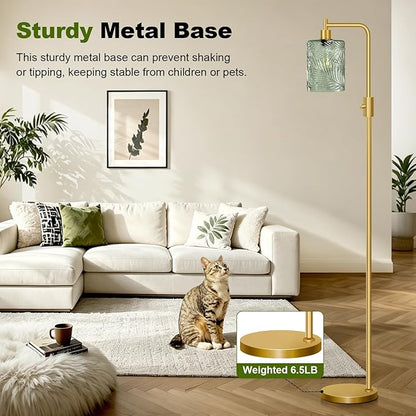 【Upgraded】 Dimmable Glass Floor Lamp for Living Room, Modern Gold Standing Lamp with Green Feather Glass Lampshade & Knob Dimmer, Arc Tall Lamp for Bedroom Office Reading Room, 2700K Led Bulb Included
