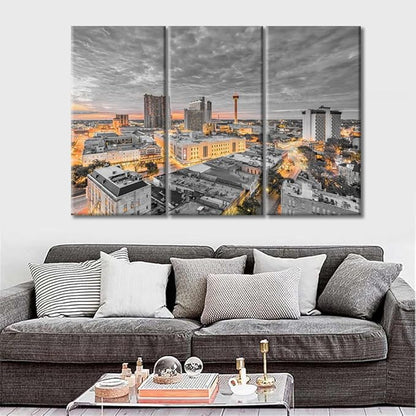 TUMOVO American Cityscape Black and White Wall Art 3 Panels San Antonio Skyscrapers City Skyline Wall Decor Living Room Nighttime Lightscape Modern Home Decor Framed Ready to Hang (36" Wx24 H)