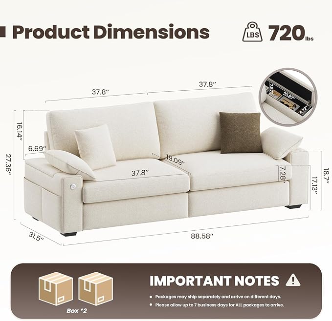 COLAMY 89" Loveseat Sofa, Modular Midcentury Modern 3-Seat Sofa, with USB Type C Ports and 4 Pillows for Home Living Room, Beige | USB Type C Ports