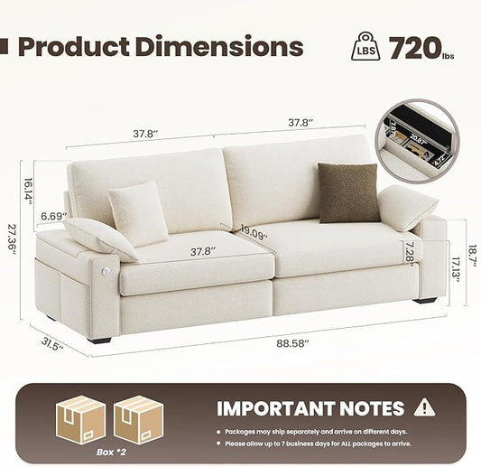 COLAMY 89" Loveseat Sofa, Modular Midcentury Modern 3-Seat Sofa, with USB Type C Ports and 4 Pillows for Home Living Room, Beige | USB Type C Ports