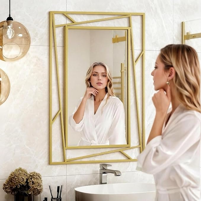 Brushed Gold Bathroom Mirror, 28''X20'' Rectangular Wall Mirrors with Geometric Metal Frame for Bathroom Bedroom Living Room, Hang Horizontally or Vertically