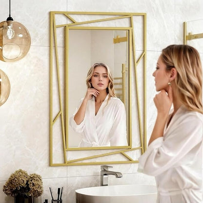 Brushed Gold Bathroom Mirror, 28''X20'' Rectangular Wall Mirrors with Geometric Metal Frame for Bathroom Bedroom Living Room, Hang Horizontally or Vertically