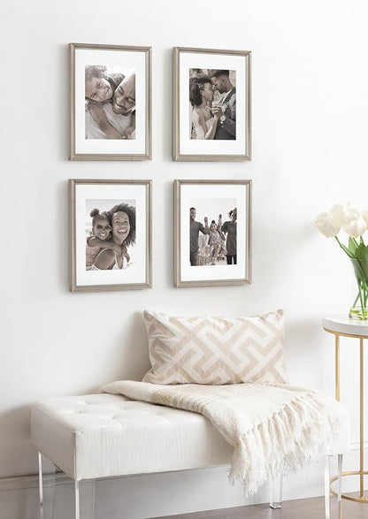 Kate and Laurel Adlynn Rectangle Picture Frame Set of 4; 11 x 14 matted to 8 x 10; Silver; Glam Four-Piece Frame Set for Gallery Wall Frame Set in Living Room Wall Decor