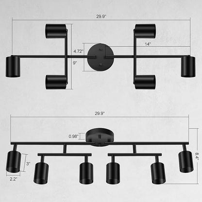BoostArea 6 Light Track Lighting Kit, Black 6 Way Ceiling Spot Lighting, Center Swivel Track Light Heads, Flexibly Rotatable Light Head for Kitchen, Living Room, Bedroom, GU10 Bulb Not Included
