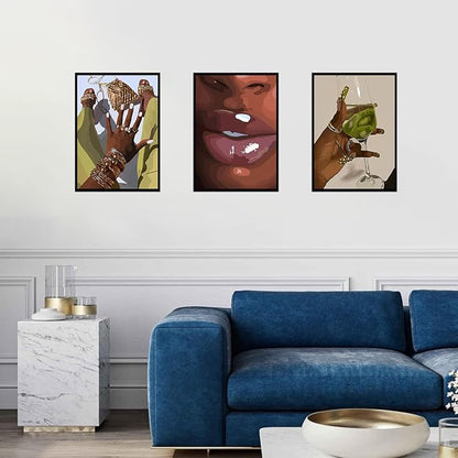 NOSUO Black Wall Art African Woman Canvas Wall Decor Unframed American Black Women Wall Art Black Female Print Pictures Fashion Abstract Poster for Home Bedroom Bathroom 16x24 Inch Set of 3