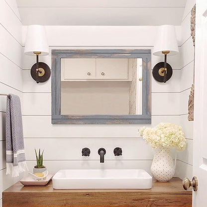 AAZZKANG Wood Framed Mirror Rectangular Rustic Wall Mirrors Decorative Large 26"x18" for Farmhouse Bathroom Living Room Bedroom Grey