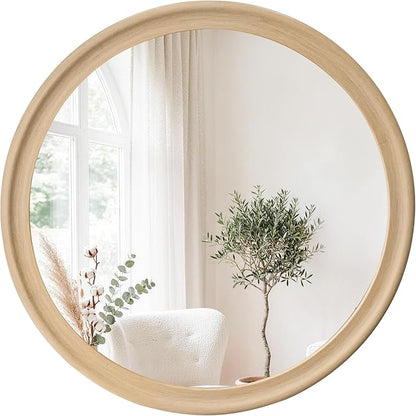 CULER Round Wall Mirrors 24 Inch,Natural Rustic Decorative Transitional Mirror with Wood Grain Frame for Wall,Farmhouse Hanging Vanity Mirror for Bathroom Bedroom Living Room or Entryway