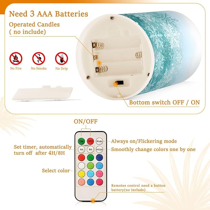Silver Winter Teal Turquoise Snowflakes Christmas Flickering Flameless Candles Battery Operated with Remote Timer,Tea Light Candles LED Pillar Votive Candles set of 2 for Outdoor Indoor Decorations