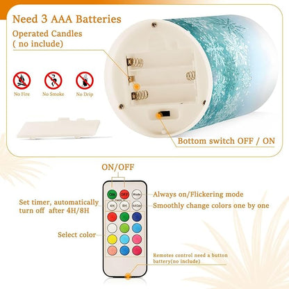 Silver Winter Teal Turquoise Snowflakes Christmas Flickering Flameless Candles Battery Operated with Remote Timer,Tea Light Candles LED Pillar Votive Candles set of 2 for Outdoor Indoor Decorations