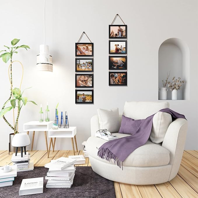 Lavezee 5x7 Hanging Collage Picture Frames Set of 2, Black 8 Opening Horizontal Frame Made to Display 5 x 7 Inch Photo for Wall Decor