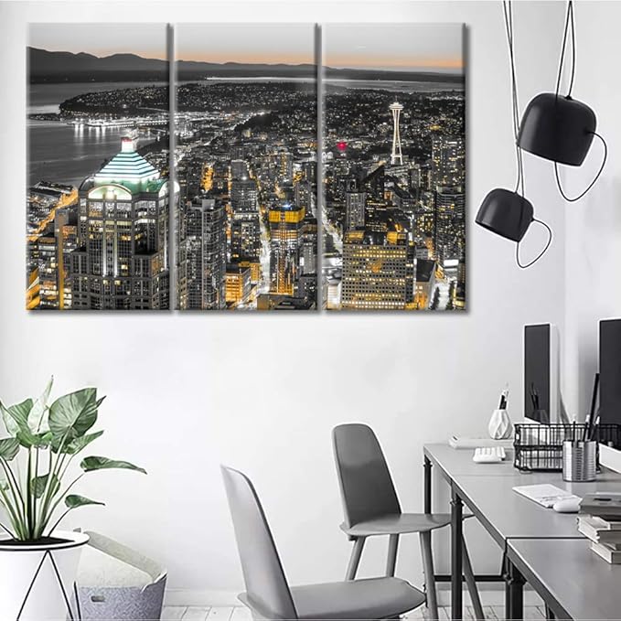 TUMOVO 3 Pieces Downtown Seattle Skyline in Seattle Washington USA Black and White Wall Art Skyscrapers Artwork Bathroom Decor Wall Art Print on Canvas Ready to Hang (36" Wx24 H)