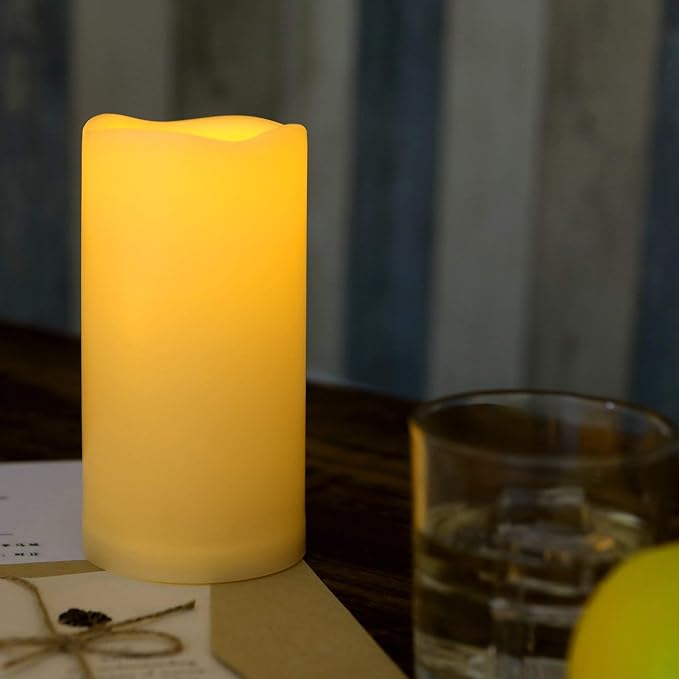 iZAN Outdoor LED Flameless Candle with Timing Function Waterproof Plastic Realistic Flickering Battery Operated LED Pillar Candle Long Lasting Battery Life 3x6 inch Waved Edge