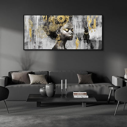 KLAKLA African American Wall Art - Large Black Girl Black Woman Black and Gold Artwork Canvas Picture Framed Wall Decor for Living Room Bedroom Home Decoration