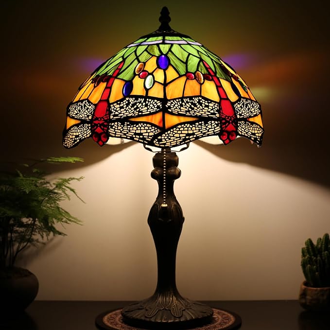 Tiffany Table Stained Glass Table Lamp 12 x 19” Bedside Reading Lamp Yellow Dragonfly Style Decorative Lamp for Desk Living Room Bedroom Office Study Light Decor Gift