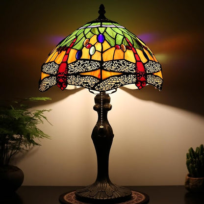 Tiffany Table Stained Glass Table Lamp 12 x 19” Bedside Reading Lamp Yellow Dragonfly Style Decorative Lamp for Desk Living Room Bedroom Office Study Light Decor Gift