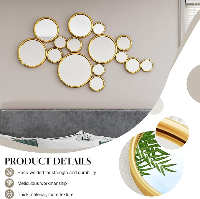 PERHOM Multiple Circles Wall Decor Mirror - 47"x24" Large Gold Wall Art Mirror,Thick Metal Framed Wall Sculptures Mirrors for Living Room, Entryway, Bedroom, Dining Room, Fireplace