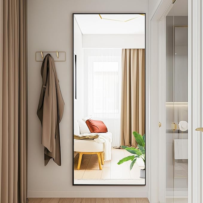 NEWBULIG Mirror Full Length, 58"x19" Body Wall Mirrors with Shatter-Proof Glass, Upgraded Floor Standing Mirror, Hanging or Leaning, with Stand Aluminum Alloy Frame for Home Decor, Bedroom, Black