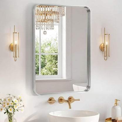 NEWBULIG 20X28 Inch Bathroom Mirror for Over Sink, Wall Vanity Mirrors Tempered Glass, Anti-Rust Metal Framed Rounded Rectangle, Hangs Horizontally or Vertically, Farmhouse Home Decor, Silvery