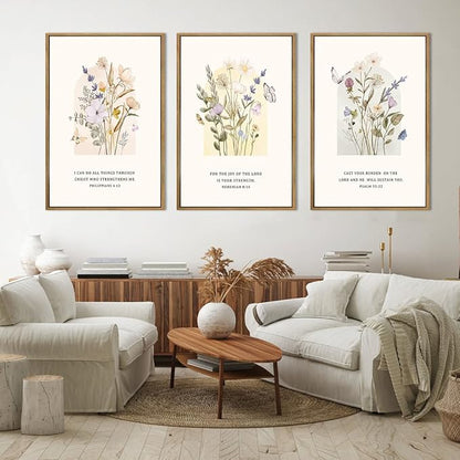 IARTTOP Large Christian Easter Wall Art Framed 16x24 Inch Set of 3 Floral Bible Verse Scripture Artwork Minimalist Botanical Religious Canvas Wall Decor for Church Living room Bedroom