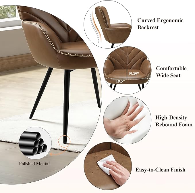 MALOL Modern Mid-Century Faux Leather Accent Chair, Upholstered Armchair with Curved Backrest, Sturdy Metal Base, Living Room, Bedroom & Reading Nook,Brown