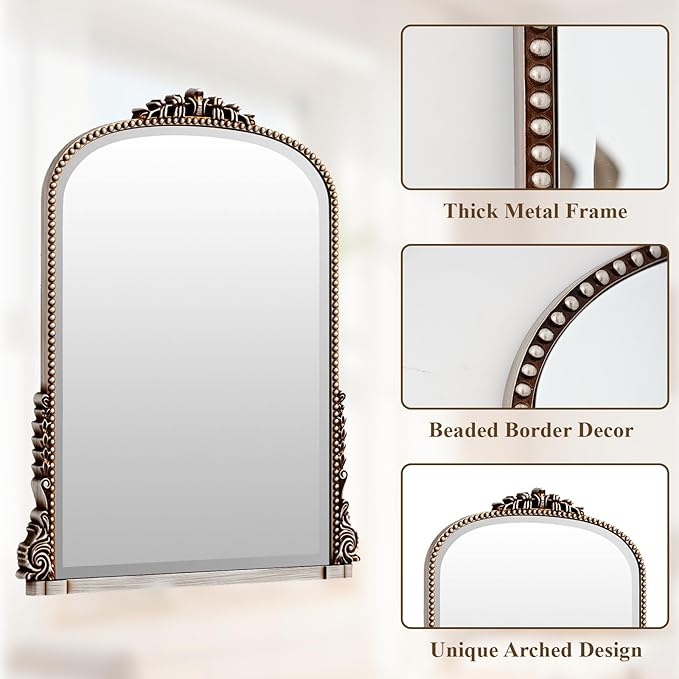 24"×32" Silver Wide Arched Wall Mirror, Vintage Carving Bathroom Vanity Makeup Mirror, as Wall Decor Hanging Leaning for Fireplace Mantle, Living Room, Bedroom, Vanity Area
