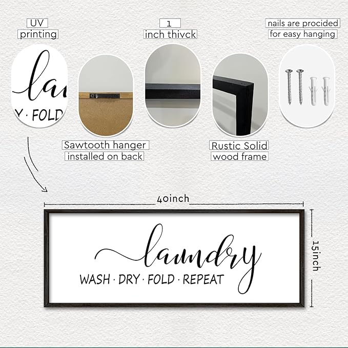 Laundry Room Wall Decor Sign 40"×15" Bathroom Laundry Rules Wash Dry Fold Repeat Large Wood Framed Wall Hanging Art (Black)