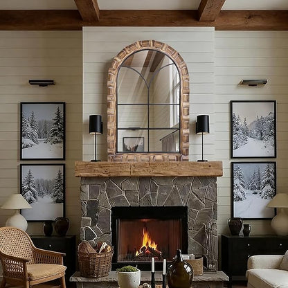36x24 Inch Arched Window Pane Wall Mirror - Rustic Farmhouse Solid Wood Decorative Mirror for for Living Room, Bedroom, Entryway & Bathroom