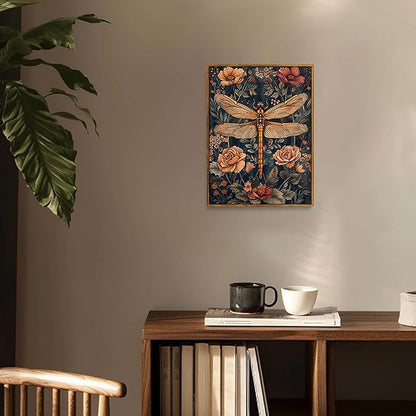 Djmwtb Framed Wall Art Vintage Wall Decor Dragonfly Canvas Art Floral Pictures Botanical Paintings Dark Prints Nature Artwork for Bedroom Living Room