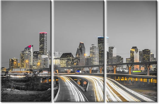 TUMOVO 3 Pieces American Canvas Paintings Home Decor Beautiful Houston Nighttime Skyscrapers Lightscape Wall Art for Living Room City Skyline Modern Home Decor Framed Ready to Hang (42" Wx28 H)