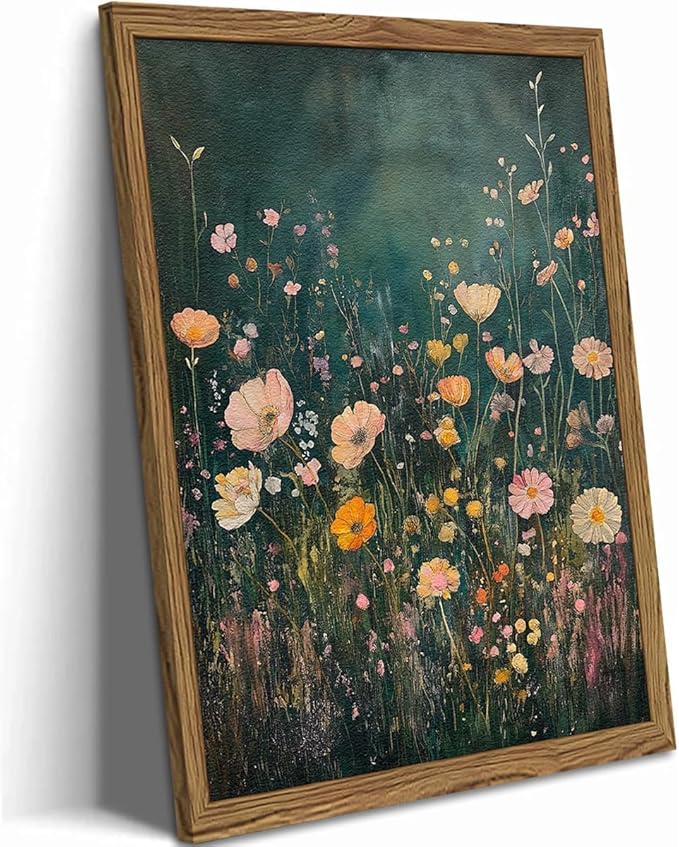 Dark Green Wildflower Wall Art Vintage Moody Botanical Wall Decor Painting Cottagecore Floral Plant Artwork 3D Textured Sandstone for Living Room Bedroom 24x36 inch Wood Framed