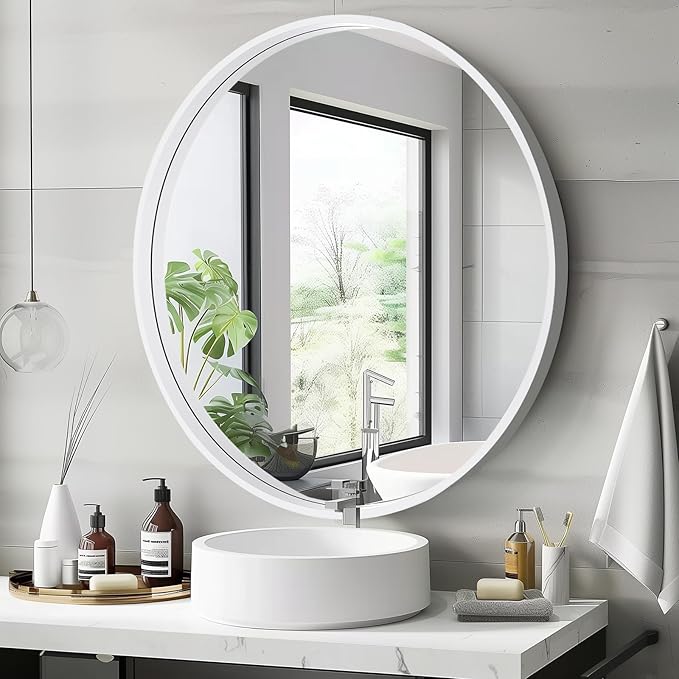 HOMECOOKIN Round Wood Mirror, 31" Round Bathroom Wall Mirror Circle Mirrors for Wall Decor, Vanity, Living Room, Bedroom, Entryway, White