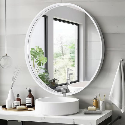 HOMECOOKIN Round Wood Mirror, 31" Round Bathroom Wall Mirror Circle Mirrors for Wall Decor, Vanity, Living Room, Bedroom, Entryway, White