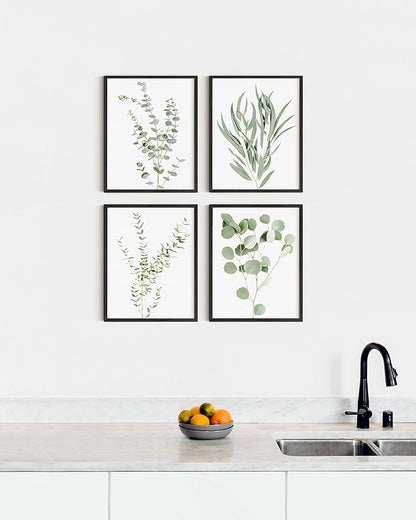 HAUS AND HUES Botanical Plant Wall Art Prints - Set of 4 Plant Wall Decor Prints, Floral Kitchen, Flower Leaves Wall Art, Boho Leaf Eucalyptus Wall Decor, Green Botanical Poster (Black Frame, 16x20)