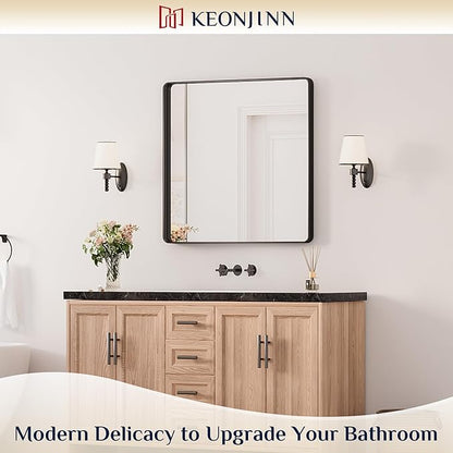 Keonjinn Black Bathroom Mirrors for Over Sink, 30 x 30 Inch Large Rounded Rectangle Bathroom Vanity Mirror, Matte Black Sandblasted Finish, HD Tempered Glass, Seamless Aluminum Alloy Frame Wall Mirror