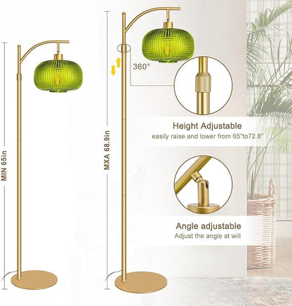 Modern Floor Lamp for Living Room, Mid Century Tall Standing Lamp Green Glass Lamp Shade, Dimmable Gold Tall Pole Lamp for Bedroom Office with Remote, 1 x 12W LED Edison Bulbs Included