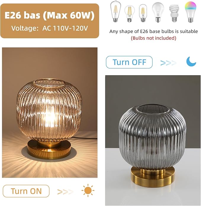 Bedside Table Lamp with Glass Shade, Small Nightlight Lamp Elegant Nightstand Lamp Modern Desk Lamp with Plug-in Style for Bedroom Living Room Tabletop,Smoky Gray, Dia7.9 x H8.7