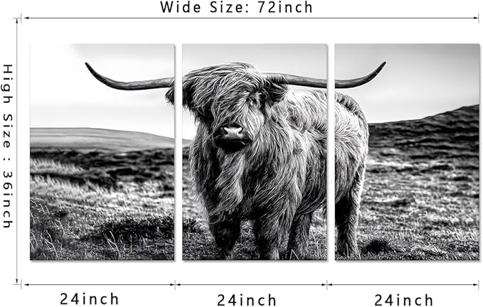 Yatsen Bridge Black and White Scottish Cow Canvas Wall Art Rustic Art Highland Cow Poster Wall Decor Vintage Farm Animal Artwork for Country Apartment Living Room Bedroom Decoration 24x36inchx3pcs