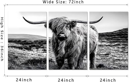 Yatsen Bridge Black and White Scottish Cow Canvas Wall Art Rustic Art Highland Cow Poster Wall Decor Vintage Farm Animal Artwork for Country Apartment Living Room Bedroom Decoration 24x36inchx3pcs