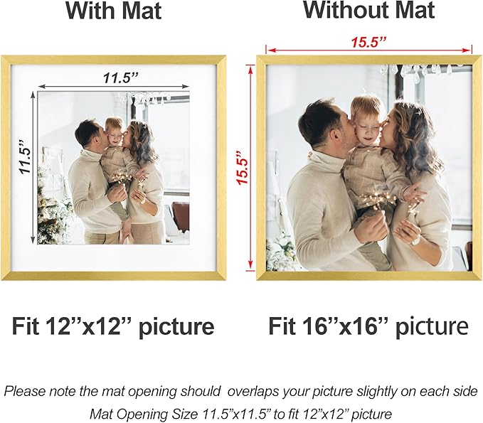 Yaetm 16x16 Gold Picture Frame Matted to 12x12, Set of 3, Thin Square Frame for Gallery Wall Display, Hanging Hardware Included (3 Pack, Gold)