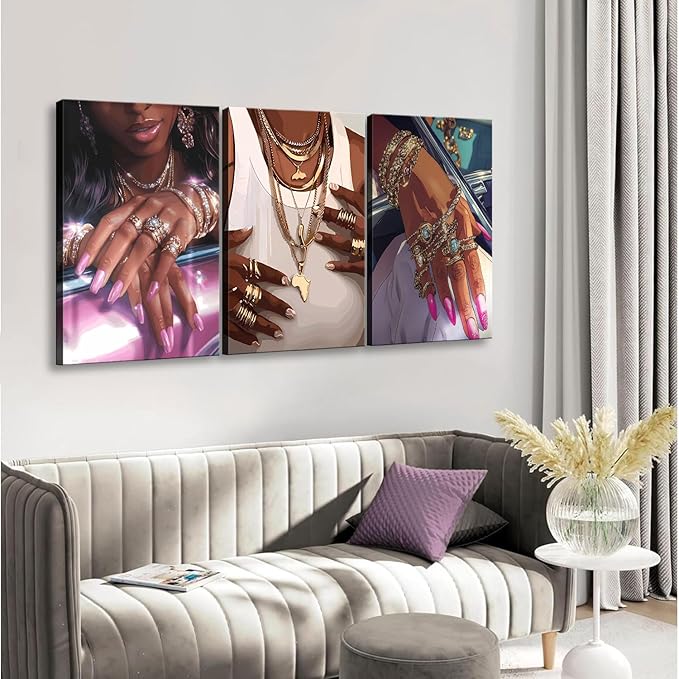 NCYEL 3Pcs Black Girls Wall Art African American Fashion Canvas Print Luxury Shiny Picture Gold Jewelry Decorative Prints Posters Bedroom Living Room Salon Artwork 16X24Inch