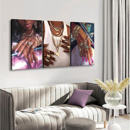 NCYEL 3Pcs Black Girls Wall Art African American Fashion Canvas Print Luxury Shiny Picture Gold Jewelry Decorative Prints Posters Bedroom Living Room Salon Artwork 16X24Inch