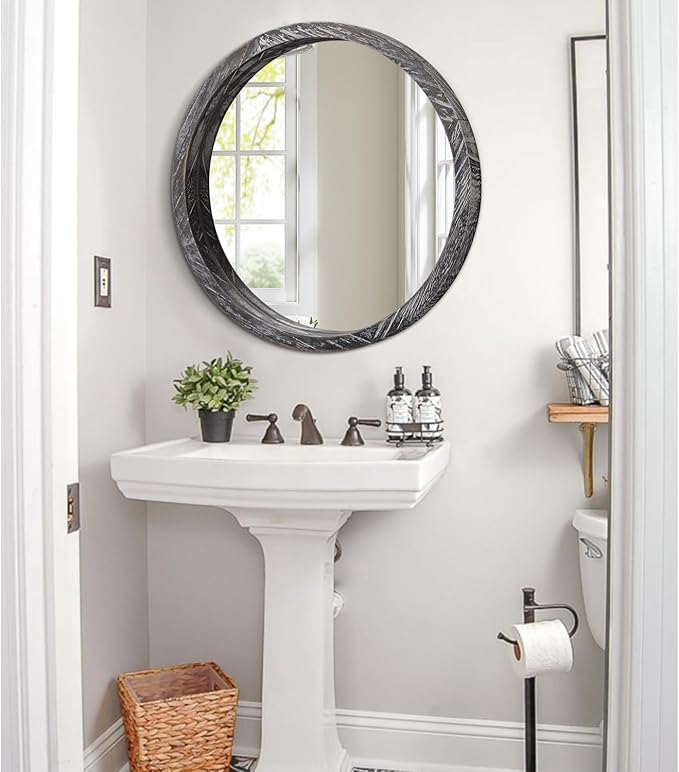 JJUUYOU Round Wall Mirror Circular Wooden Hanging Mirror for Bathroom Large Circle Black Mirror for Decor Wall Mounted Mirror for Farmhouse Living Room Bedroom 24Inch
