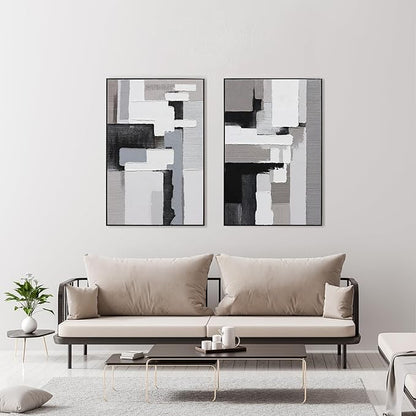 Textured Abstract Wall Art 3D Hand-painted Plaster Neutral Taupe Black White Tones Painting - Distressed Dimensional Minimalist Modern Living Room Bedroom Decor Framed Set of 2-24"x36" Each