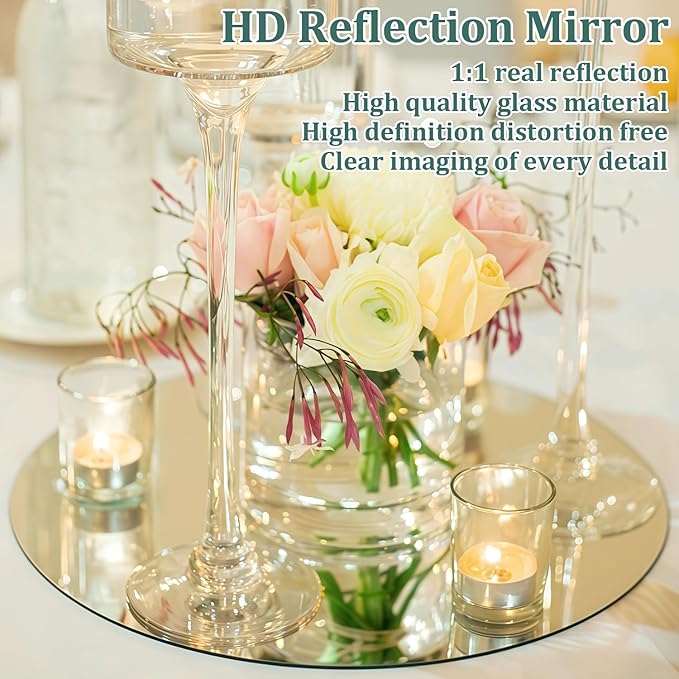 10 inch Glass Round Mirror Circle Wall Mounted for Bathroom, Living Room, Home Decor, Small Round Mirror Plate Trays for Wedding Table Centerpieces