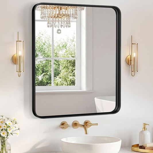 NEWBULIG 28X32 Inch Bathroom Mirror for Over Sink, Wall Vanity Mirrors Tempered Glass, Anti-Rust Metal Framed Rounded Rectangle, Hangs Horizontally or Vertically, Farmhouse Home Decor, Black