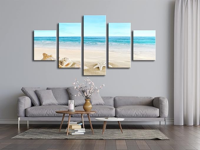 Pyradecor Seashell Large 5 panels Seascape Canvas Prints on Modern Stretched Canvas Wall Art Sea Beach Pictures Artwork for Living Room Bedroom Home Decorations L