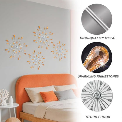 ZEXUIRU 4 Pcs Orange Starburst Wall Decor Metal Bling Wall Art Crystal Accents 3D Modern Decoration Glam Hanging Sculptures for Living Room Bedroom Office Teen Girl Room – Easy to Hang Home Decor Set