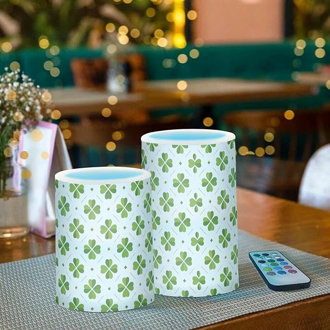 ALAZA St Patricks Day Clover Leaves Shamrocks Flickering Flameless Candles Battery Operated with Remote Timer,Tea Light Candles LED Pillar Votive Candles Set of 2 for Outdoor Indoor Decorations
