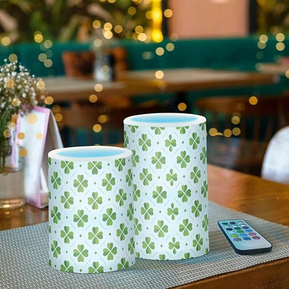 ALAZA St Patricks Day Clover Leaves Shamrocks Flickering Flameless Candles Battery Operated with Remote Timer,Tea Light Candles LED Pillar Votive Candles Set of 2 for Outdoor Indoor Decorations