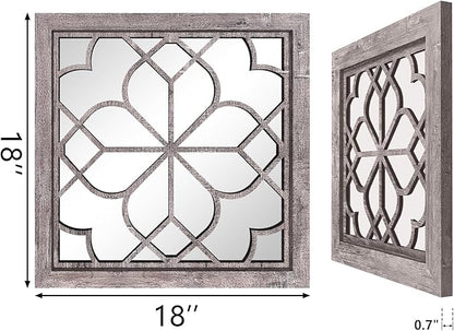 Set of 2 18 Inch Large Square Brown Window Pane Wall Mirrors, Shatterproof Rustic Farmhouse Boho Vintage Accent Mirrors for Living Room, Bedroom, Bathroom, Entryway & Home Decor
